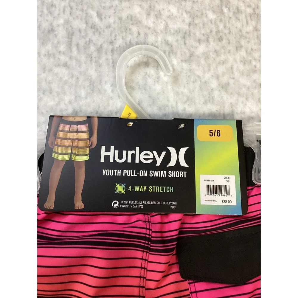 Hurley Youth Boys Pull-On‎ Swim Shorts Pink Orange Green Striped 5/6 985888-E69